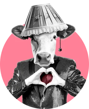 Cow with a human body makes heart gesture