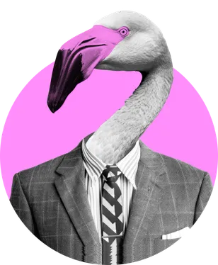 Flamingo with human body in a suit