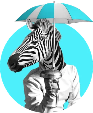 Zebra with a human body holding a sword with an umbrella.