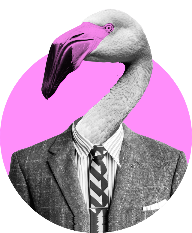 Flamingokopf mit Menschkörper im Anzug