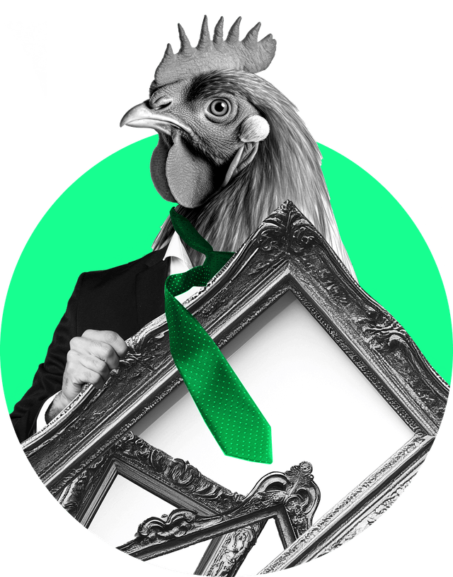 Chicken with a tie and picture frame.