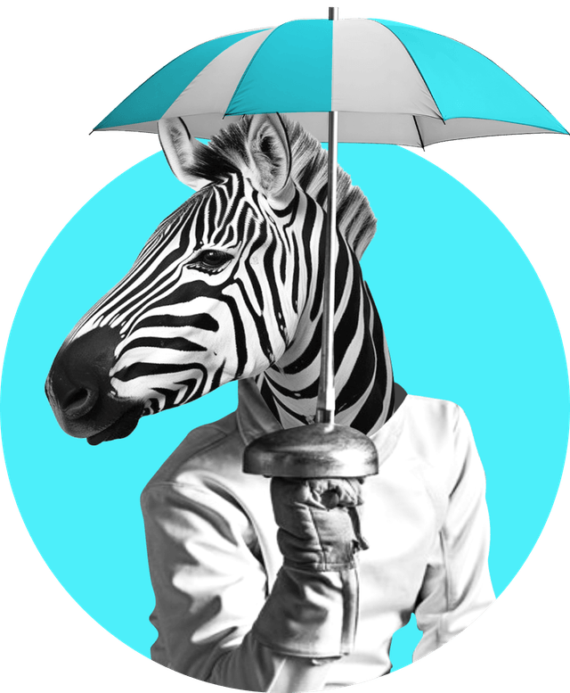 Zebra mit Menschenkörper hält einen Degen mit Regenschirm