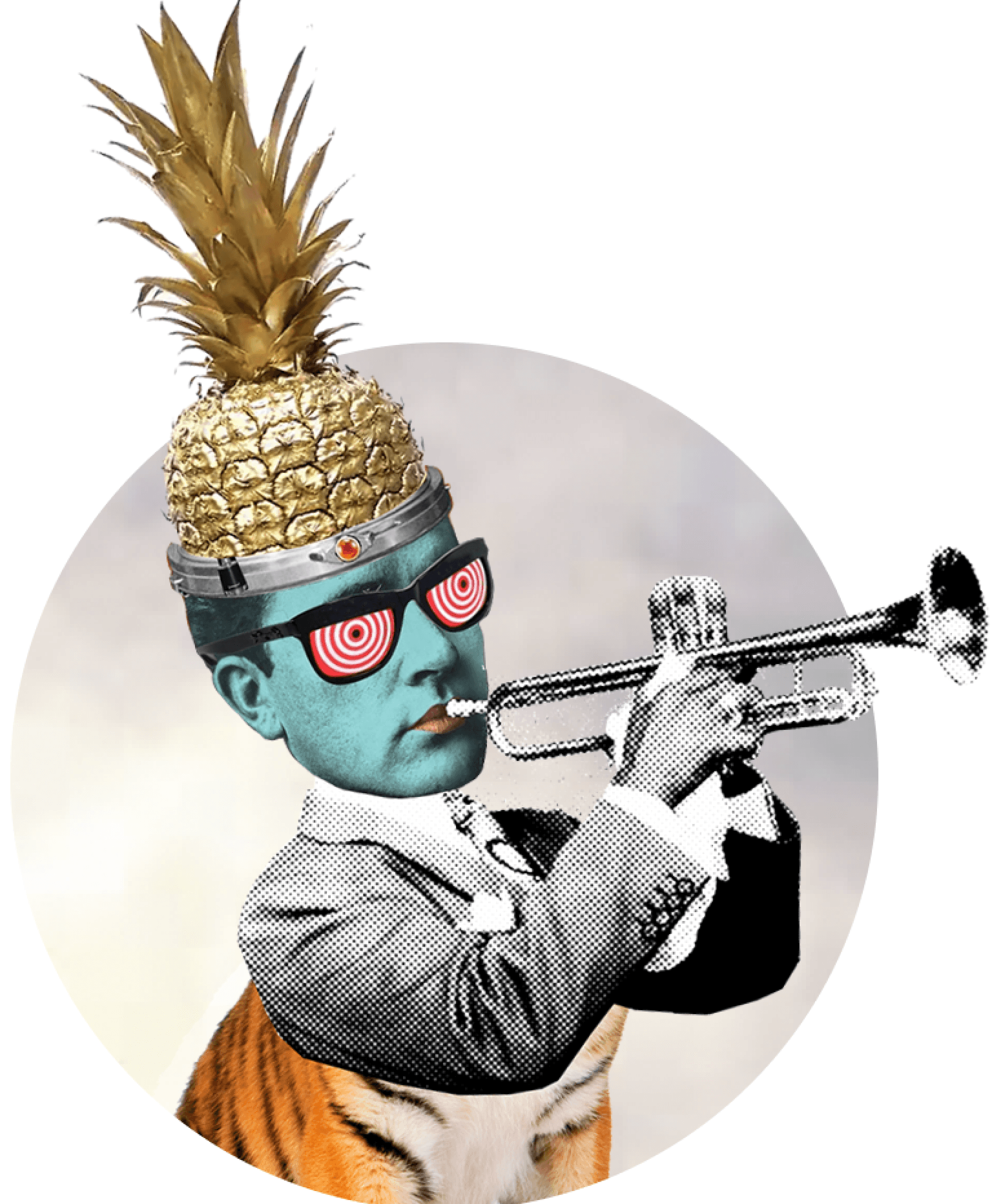 Person mit Ananas auf dem Kopf trägt eine Brille mit Lottokugeln