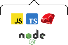 Programming languages including JavaScript, TypeScript, Ruby, and Node.js logos