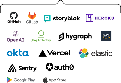 Development and cloud services including GitHub, GitLab, Storyblok, Heroku, OpenAI, frog Artifactory, hygraph, AWS, Okta, Vercel, Elastic, Sentry, Auth0, Google Play, and App Store logos