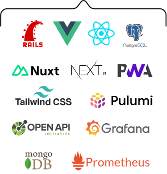 Web technologies and frameworks including Rails, Vue, React, PostgreSQL, Nuxt, Next.js, PWA, Tailwind CSS, Pulumi, Open API Initiative, Grafana, MongoDB, and Prometheus logos