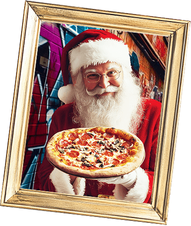 Picture frame with 'Santa Claus handing over a pizza'